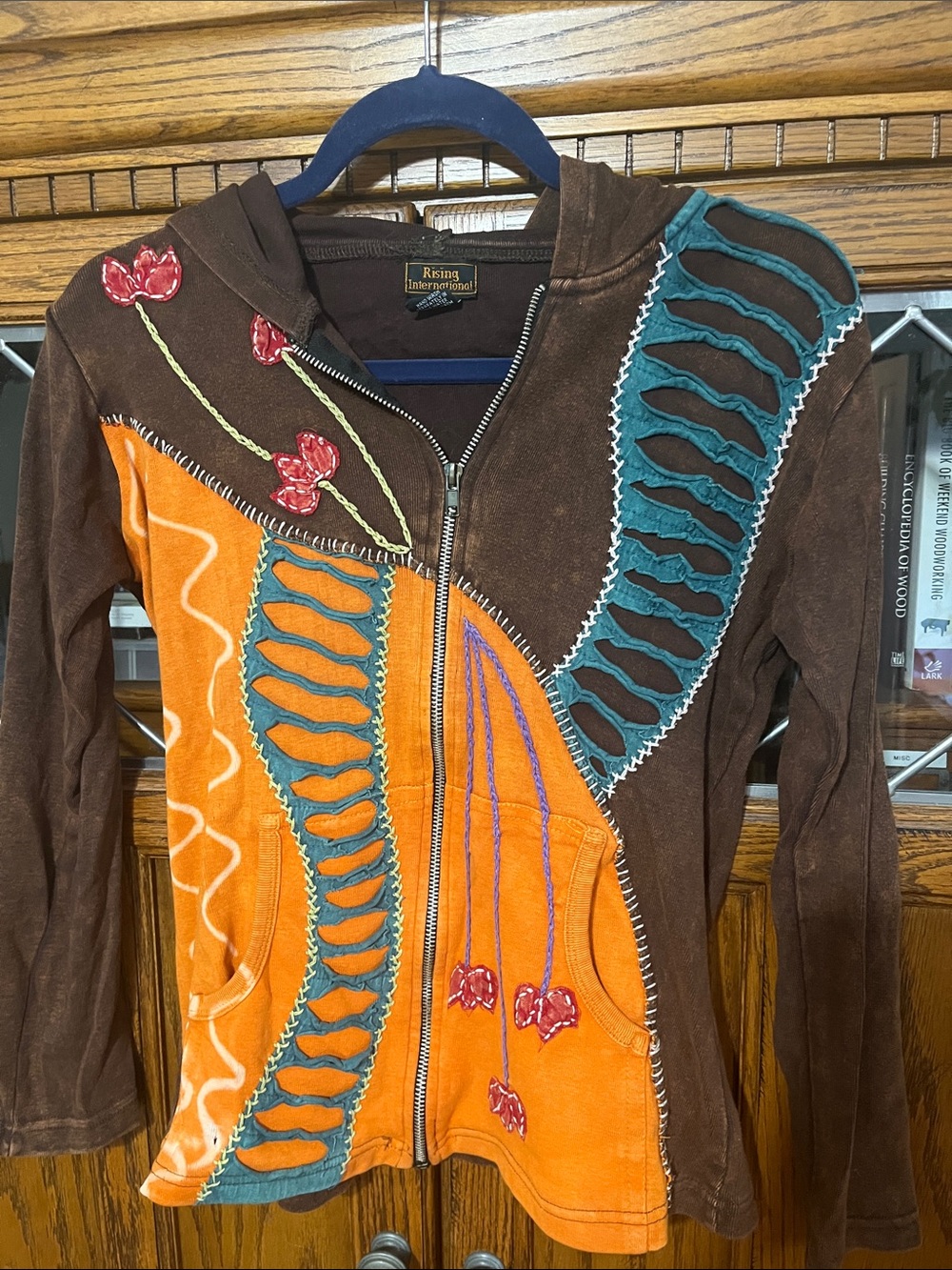 Rising International Brown, Orange & Teal Patchwork Zip Hoodie